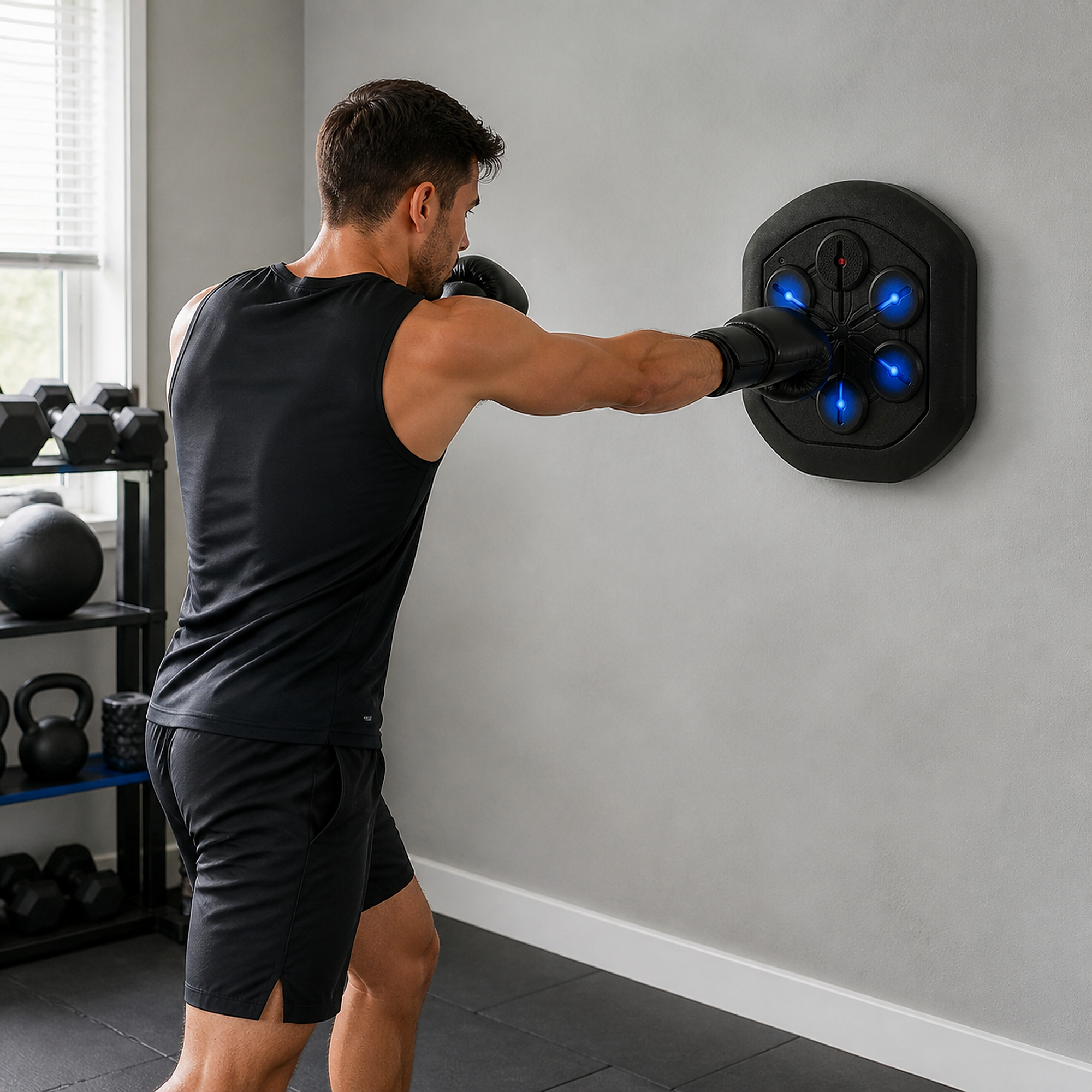 Adult using the wall-mounted music boxing trainer in a home gym