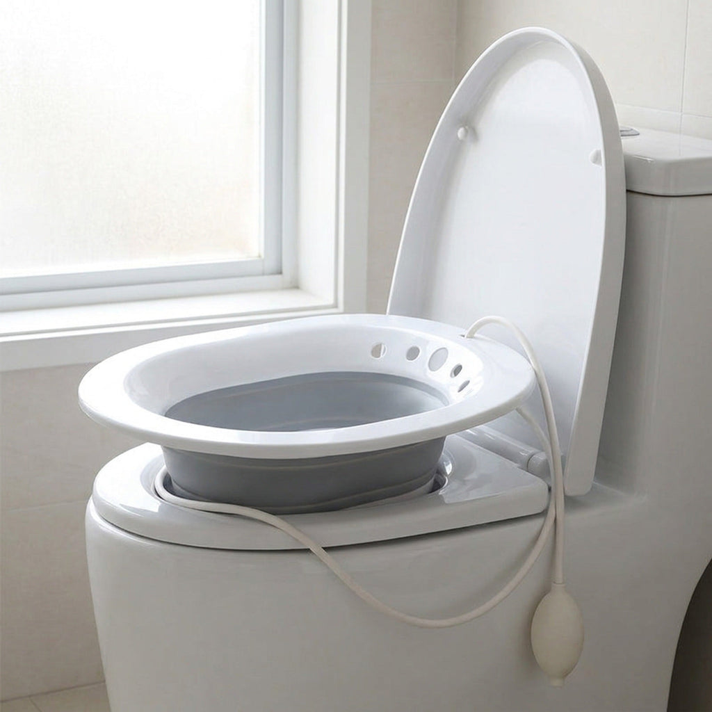 Foldable Sitz Bath for Postpartum and Everyday Use - Collapsible Over-Toilet Soaking Basin with Bulb Rinse Pump and Flat-Fold Storage