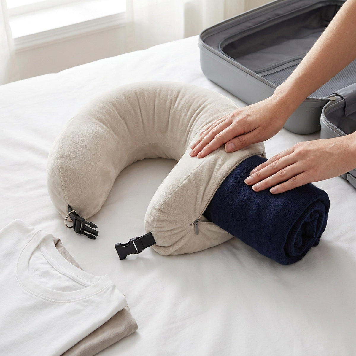 Stuffable Travel Neck Pillow – Velvet Airplane & Car Neck Pillow You Fill With Your Clothes