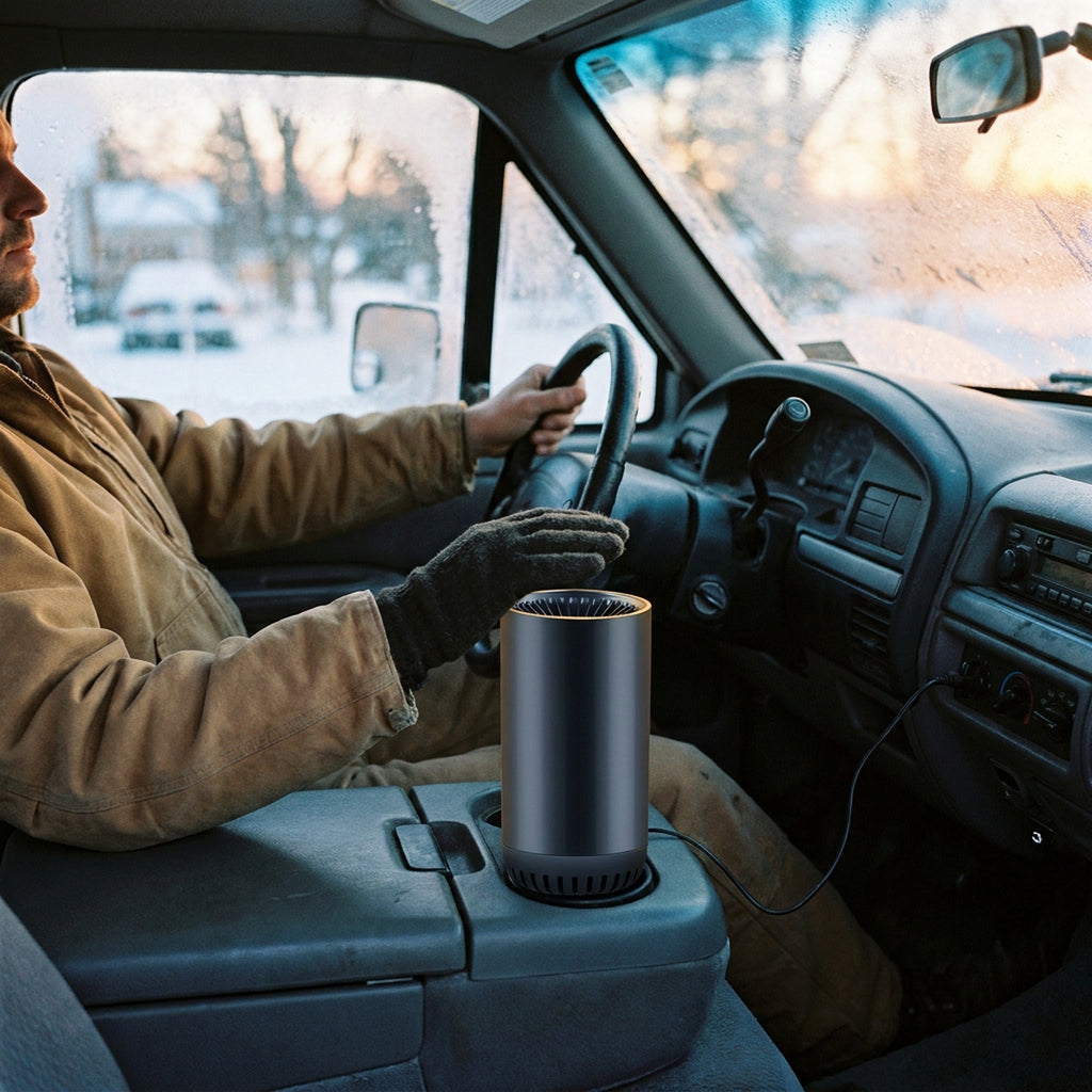 Portable Car Heater & Defroster - 12V Plug-In Cup Holder Heater and Fan with Suction Mount