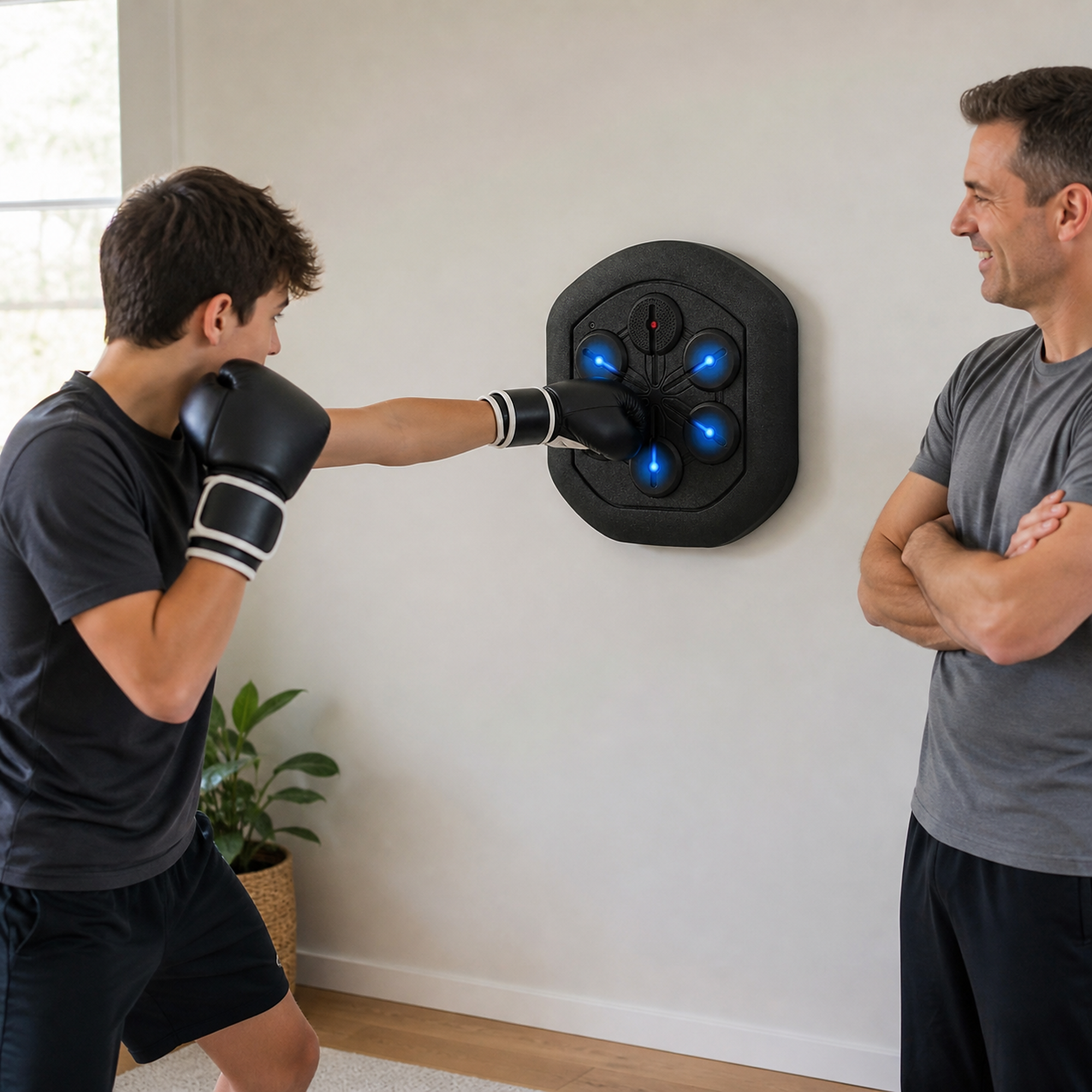 Parent supervising an older teenager using the wall-mounted trainer