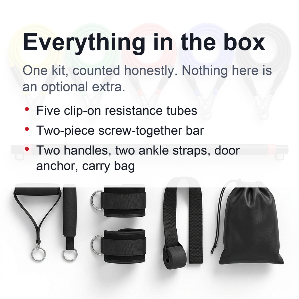 Stackable Resistance Band Bar Set - 5 Clip-On Bands, Two-Piece Bar, Handles, Ankle Straps & Door Anchor