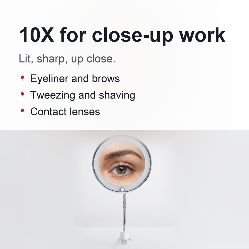 Flexible Gooseneck Makeup Mirror – 10X Magnifying Lighted Vanity Mirror with Suction Cup