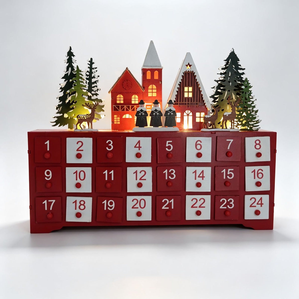 Wooden Advent Calendar, Village Design, 24 Compartments