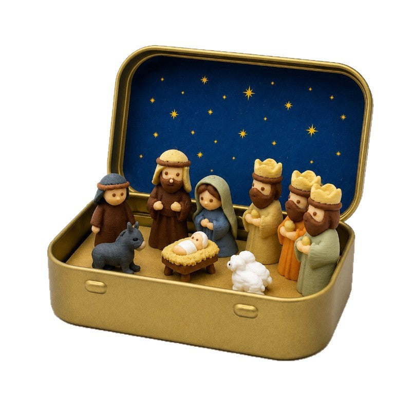 Miniature Nativity Set in Metal Box
