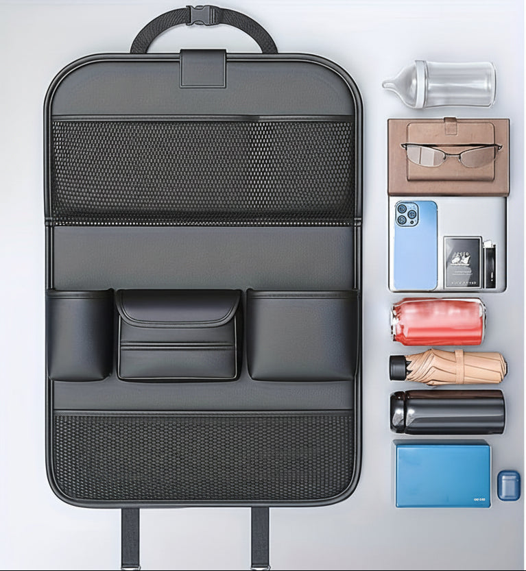 Premium PU Leather Car Seat Back Organizer – Universal Auto Storage Bag with Foldable Dining Table and Cup Holder