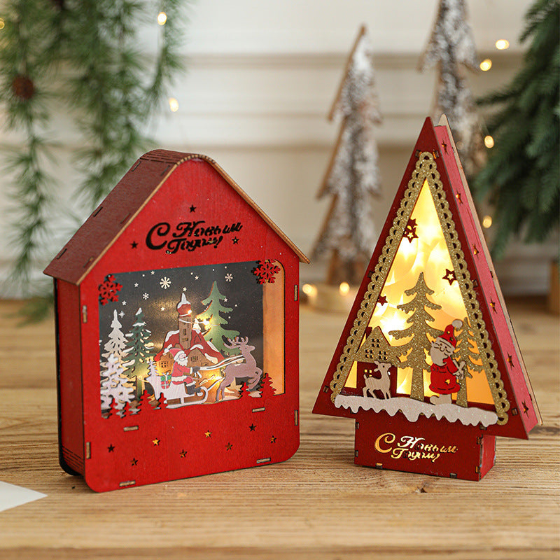 Decorative wooden Christmas house and tree ornament