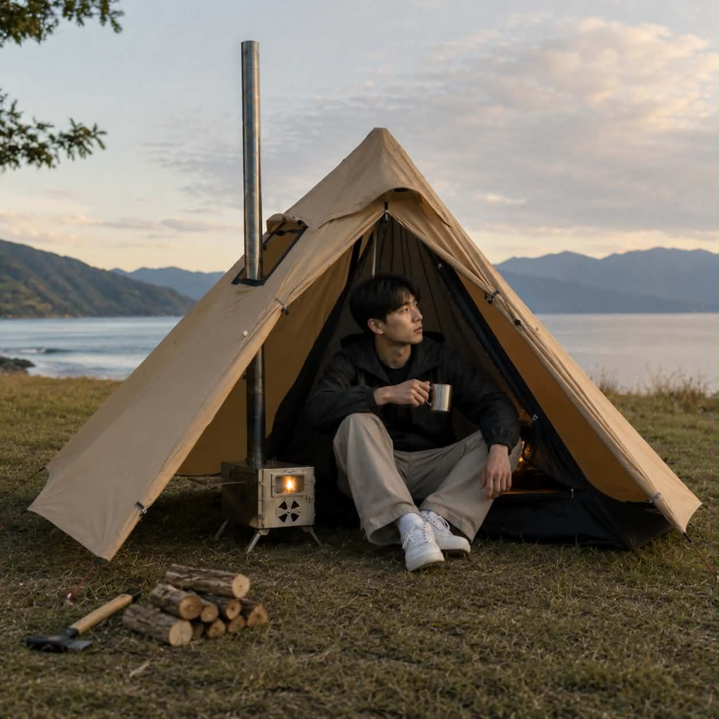 One Person Hot Tent – Camping Tipi with Chimney Window and Double Layer Pyramid Design for Bushcraft Adventures and Cold Weather Survival