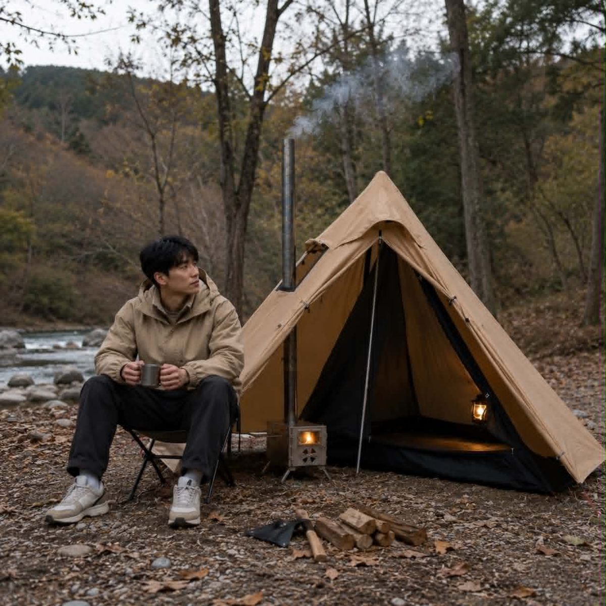 One Person Hot Tent – Camping Tipi with Chimney Window and Double Layer Pyramid Design for Bushcraft Adventures and Cold Weather Survival