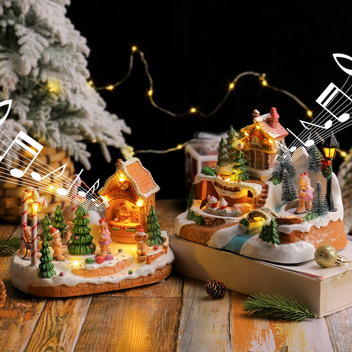 Illuminated music box with rotating train