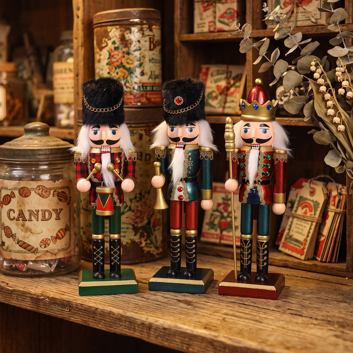 Nutcracker soldier made of pine wood for festive decoration