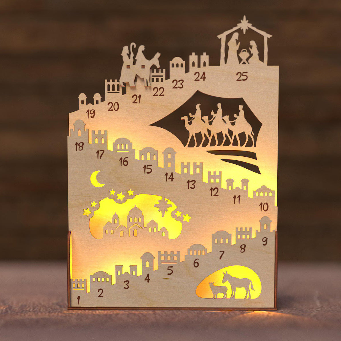 Illuminated wooden Advent calendar for the Christmas season