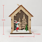 Illuminated wooden Christmas house as tree ornament