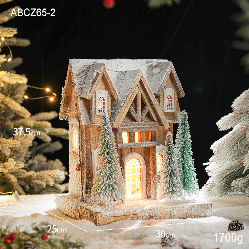 Illuminated wooden snow house in European style