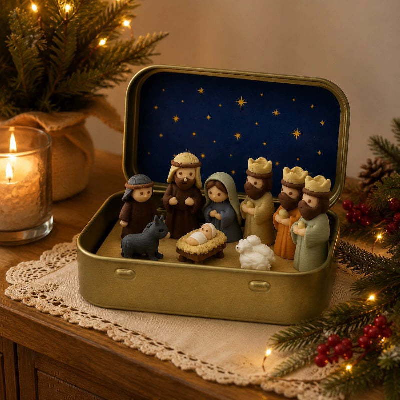 Miniature Nativity Set in Metal Box
