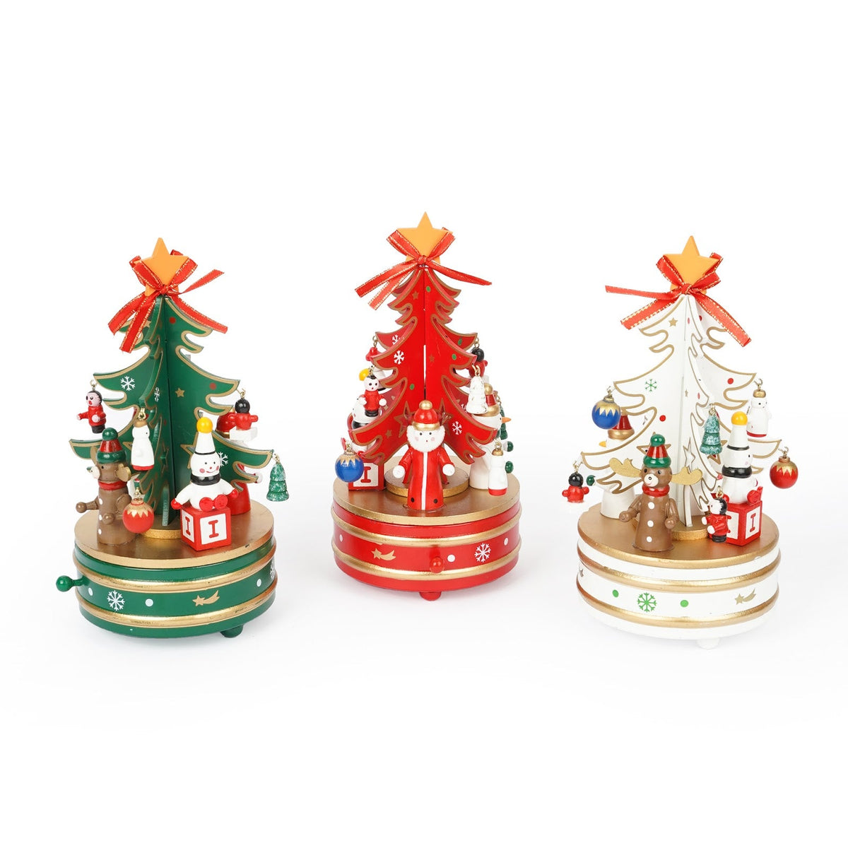 Christmas wooden music box with winding mechanism