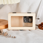 Wooden music box with hand crank, modern design