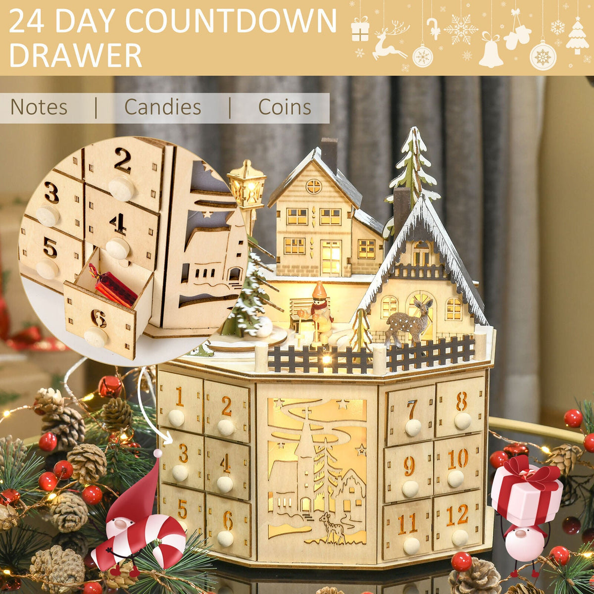 Wooden Advent calendar with music and village scene