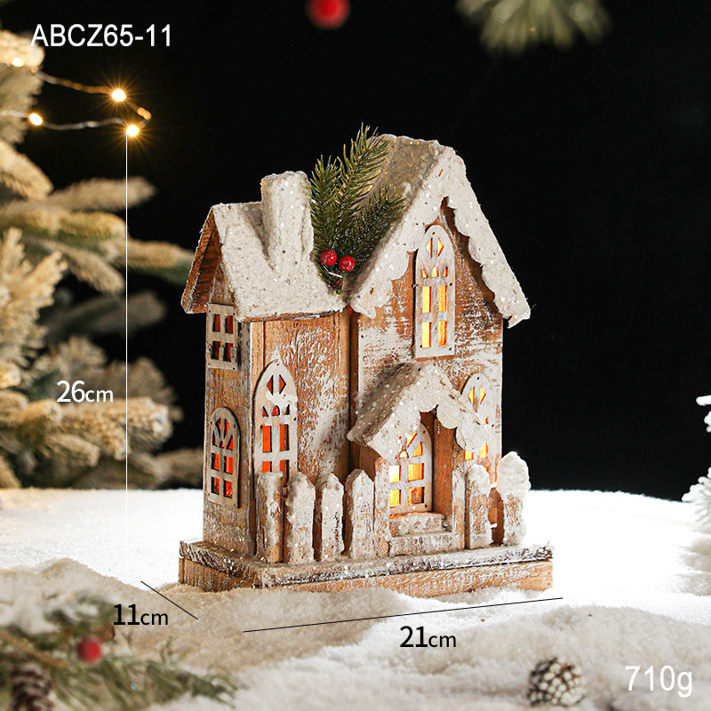 Illuminated wooden snow house in European style
