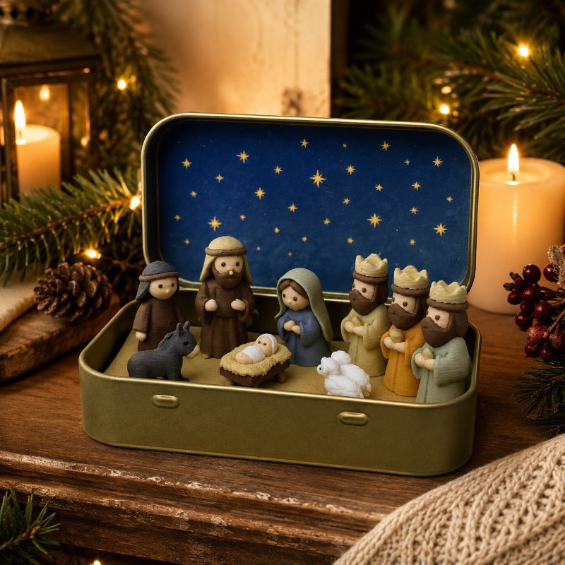 Miniature Nativity Set in Metal Box