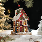Illuminated wooden snow house in retro style
