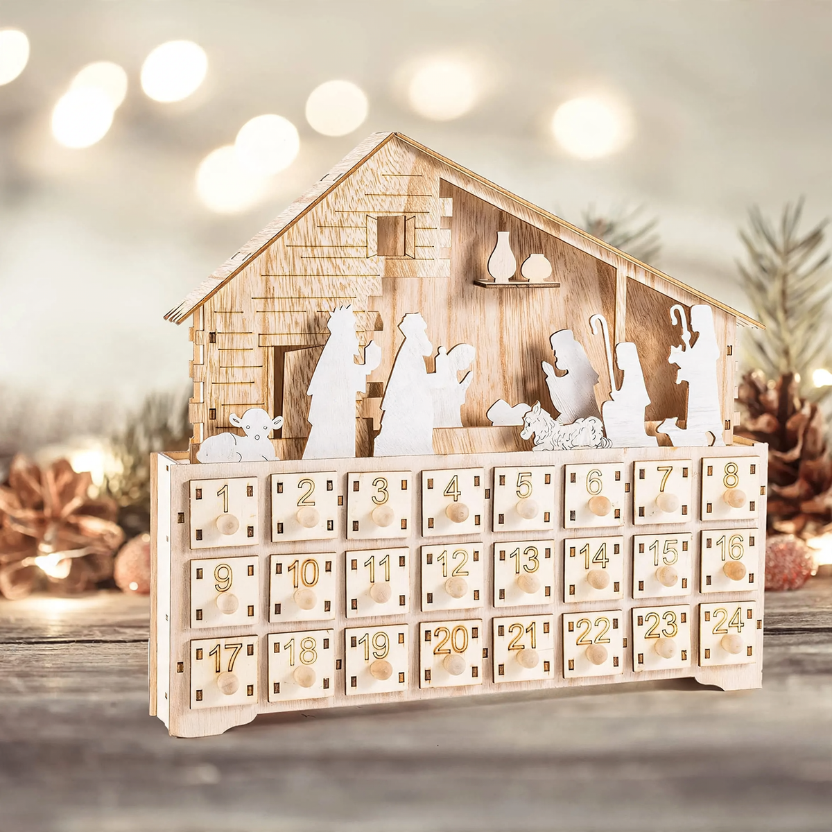 LED Advent Calendar Made of Wood, Nativity Scene