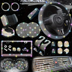 Bling Interior Set for Women with Rhinestone - 27pcs. Luxury Car Accessories for Steering Cover, Crystal Push Start Ring and Gear Trim