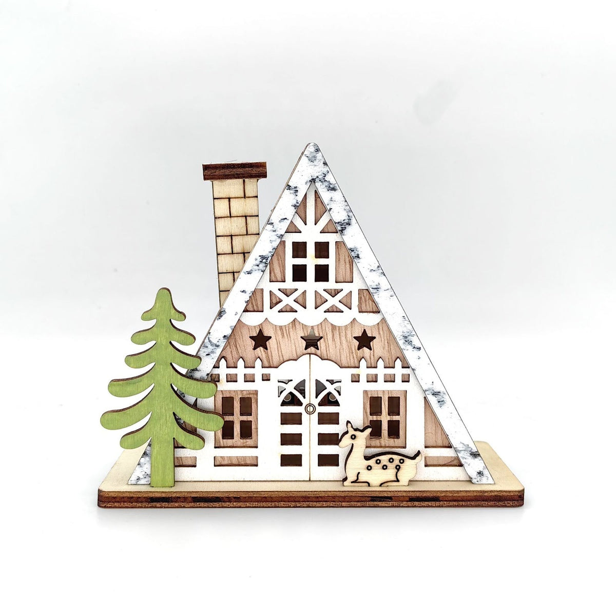 Illuminated wooden house in triangular shape