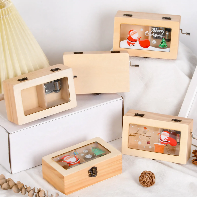 Wooden music box with hand crank, modern design