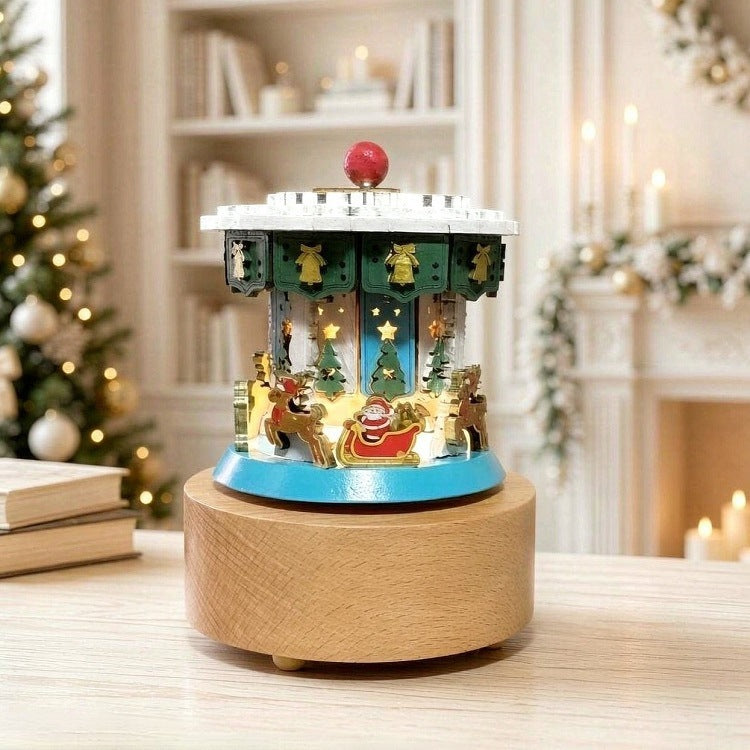 Wooden music box with lighting and wind-up mechanism