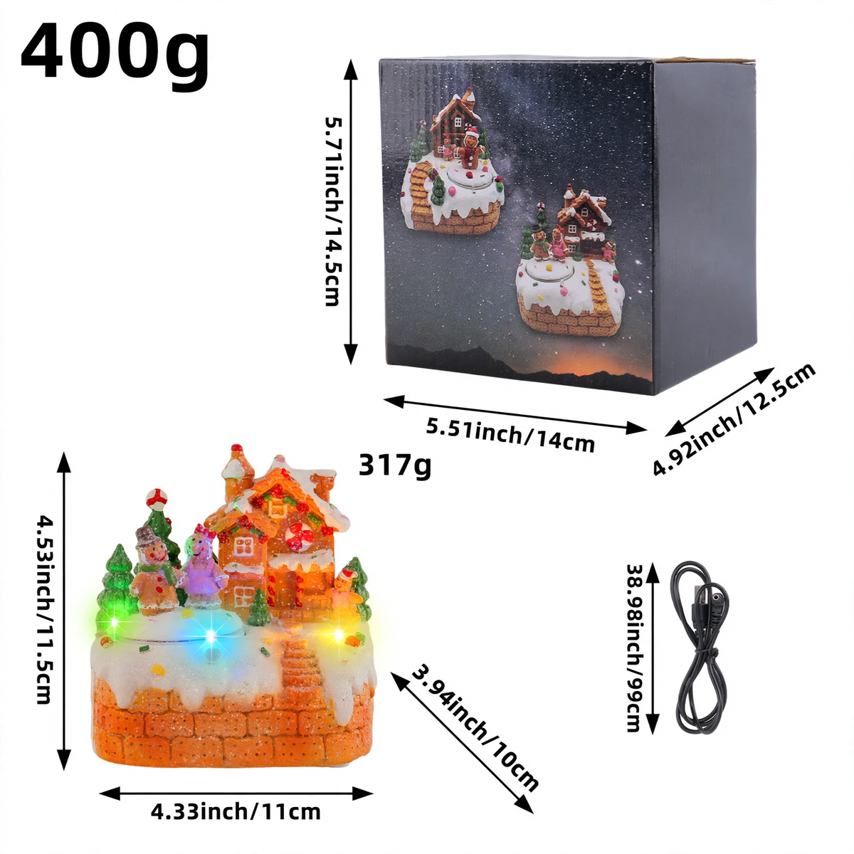 Miniature music box with gingerbread man and LED lighting