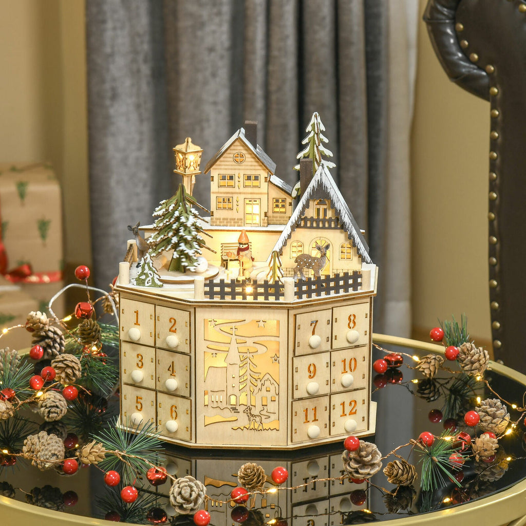 Wooden Advent calendar with music and village scene