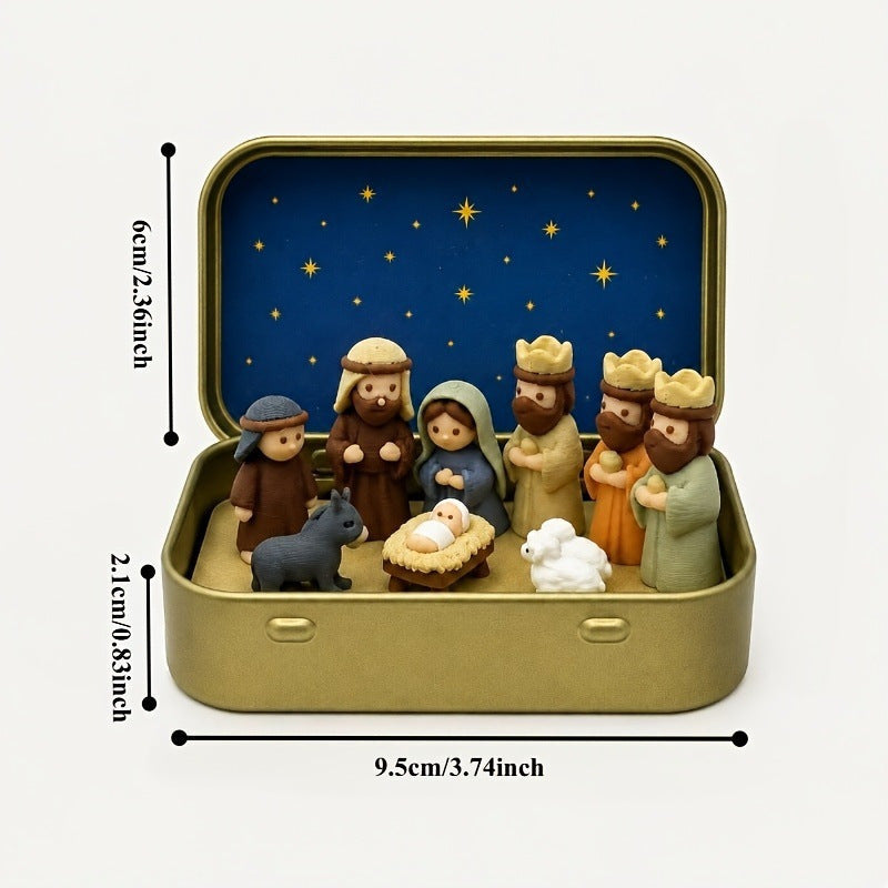 Miniature Nativity Set in Metal Box