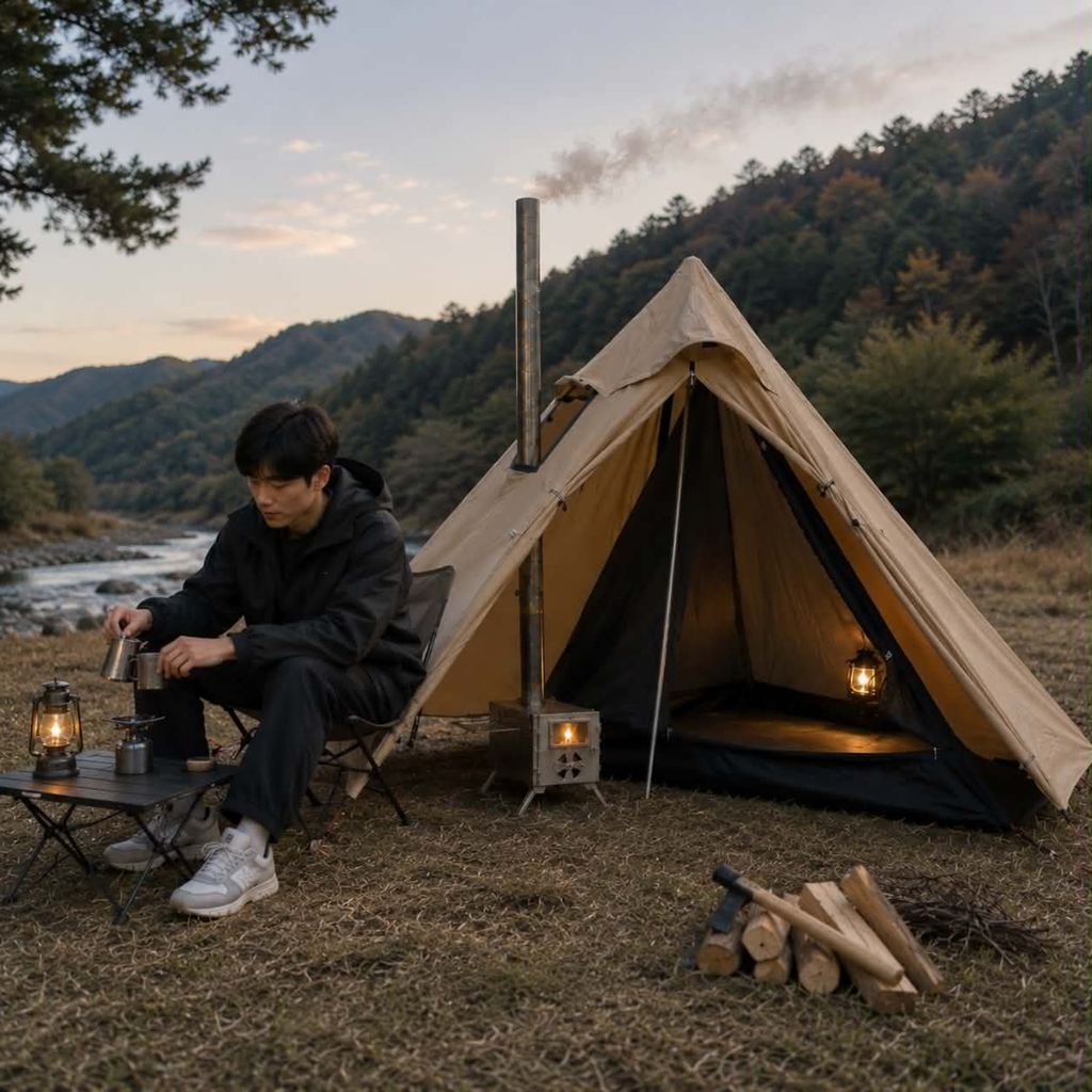 One Person Hot Tent – Camping Tipi with Chimney Window and Double Layer Pyramid Design for Bushcraft Adventures and Cold Weather Survival