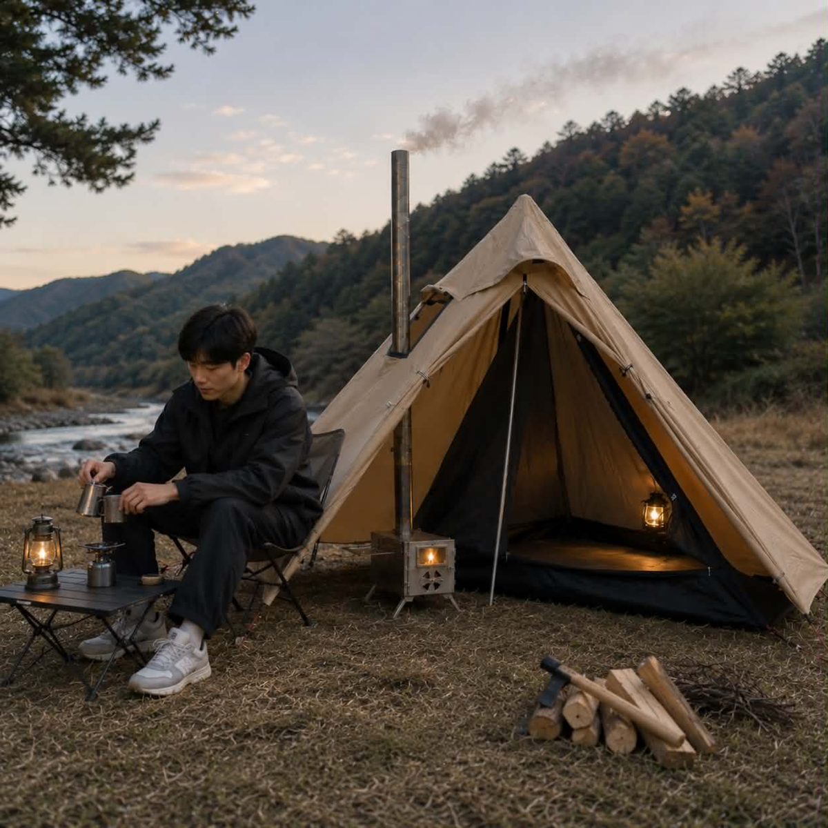 One Person Hot Tent – Camping Tipi with Chimney Window and Double Layer Pyramid Design for Bushcraft Adventures and Cold Weather Survival