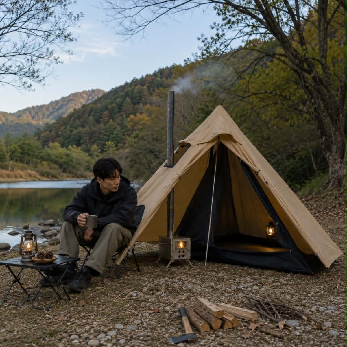 One Person Hot Tent – Camping Tipi with Chimney Window and Double Layer Pyramid Design for Bushcraft Adventures and Cold Weather Survival