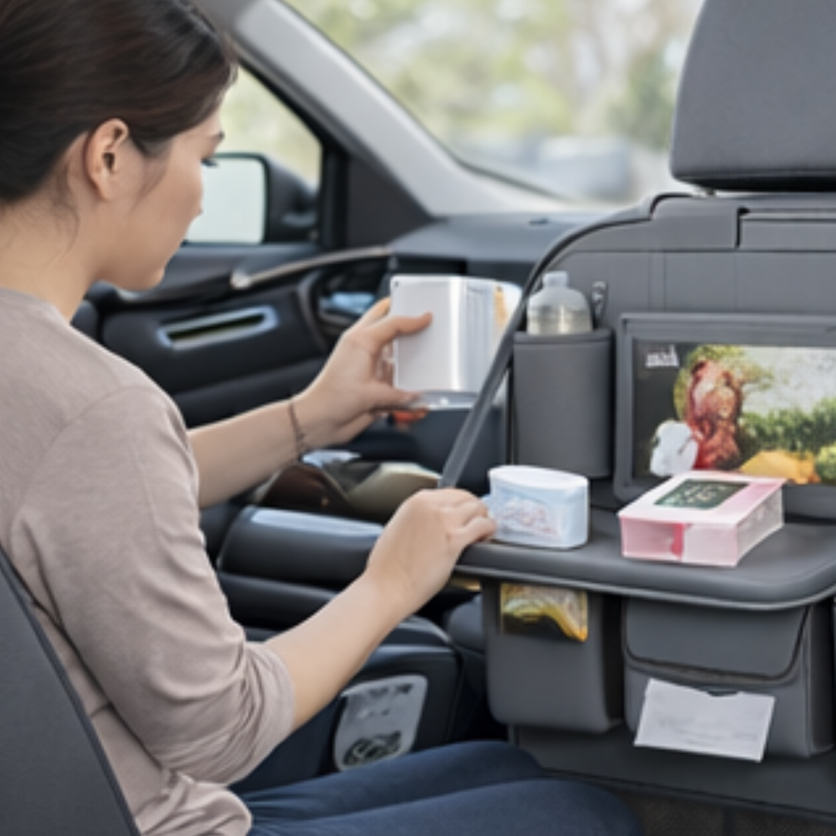 Premium PU Leather Car Seat Back Organizer – Universal Auto Storage Bag with Foldable Dining Table and Cup Holder