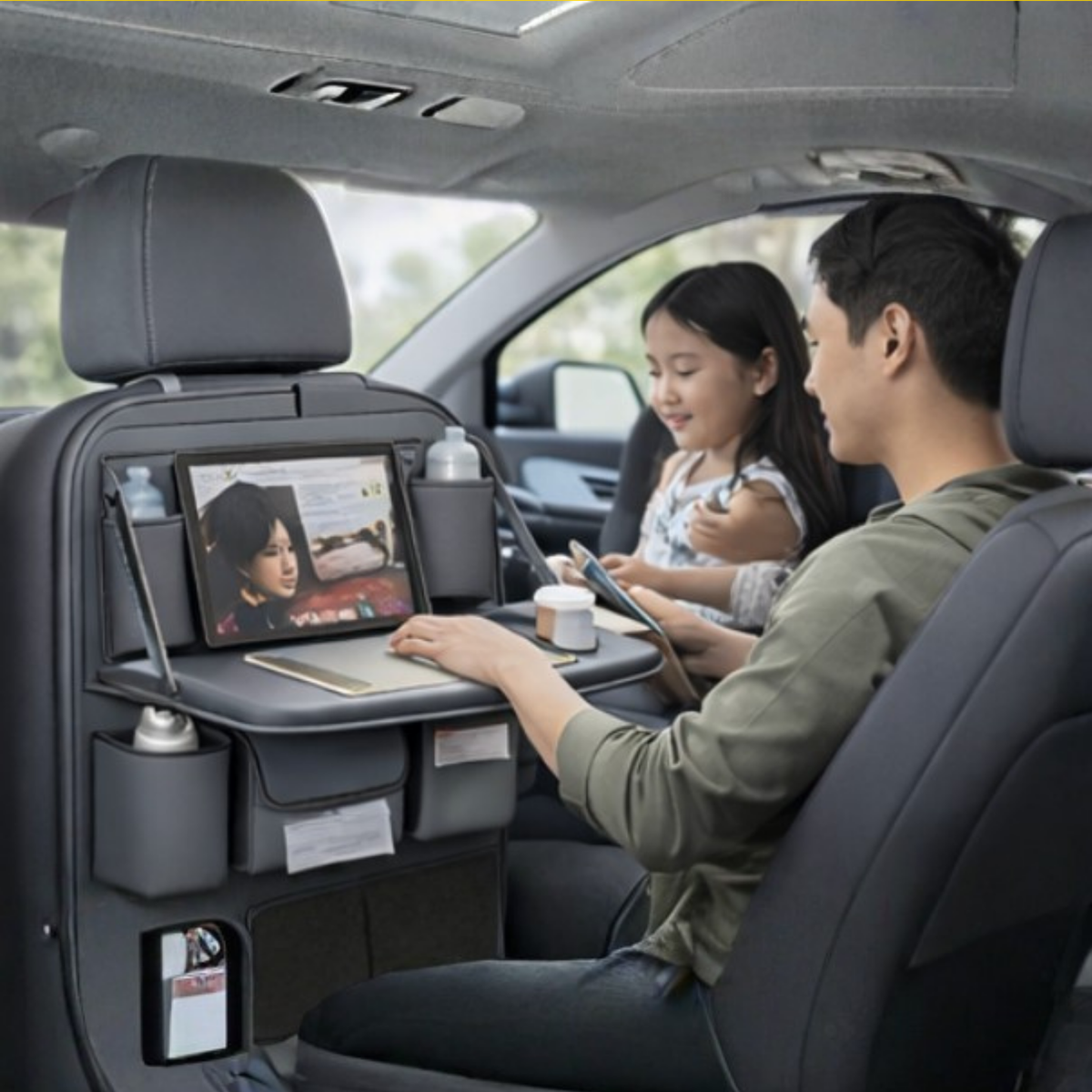 Premium PU Leather Car Seat Back Organizer – Universal Auto Storage Bag with Foldable Dining Table and Cup Holder