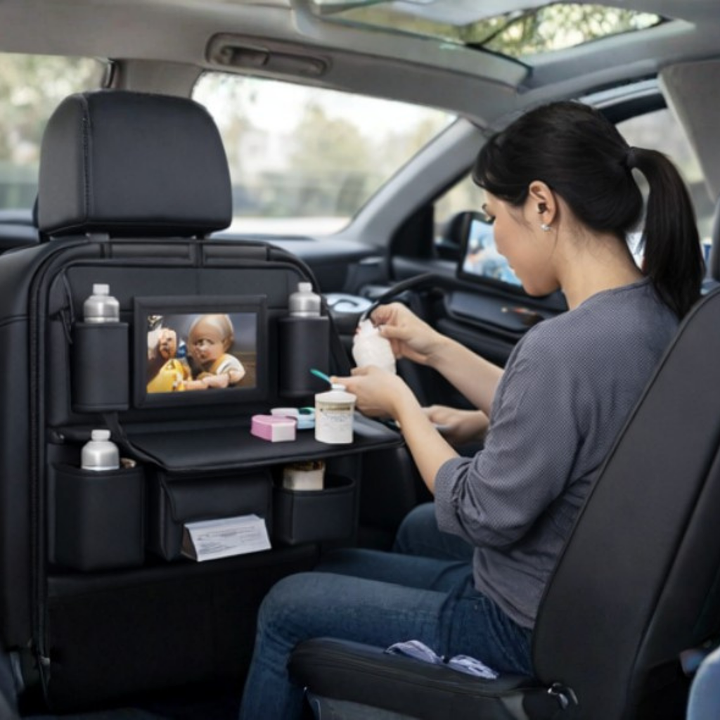 Premium PU Leather Car Seat Back Organizer – Universal Auto Storage Bag with Foldable Dining Table and Cup Holder