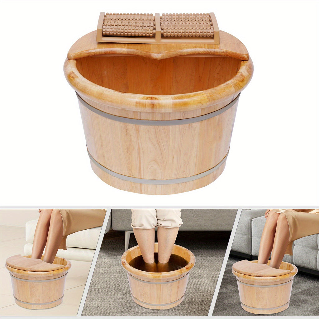 Premium Cedar Wood Foot Bath Bucket – Built-In Massage Roller & Heat Preservation for Ultimate Foot Soak Relaxation & Tension Relief