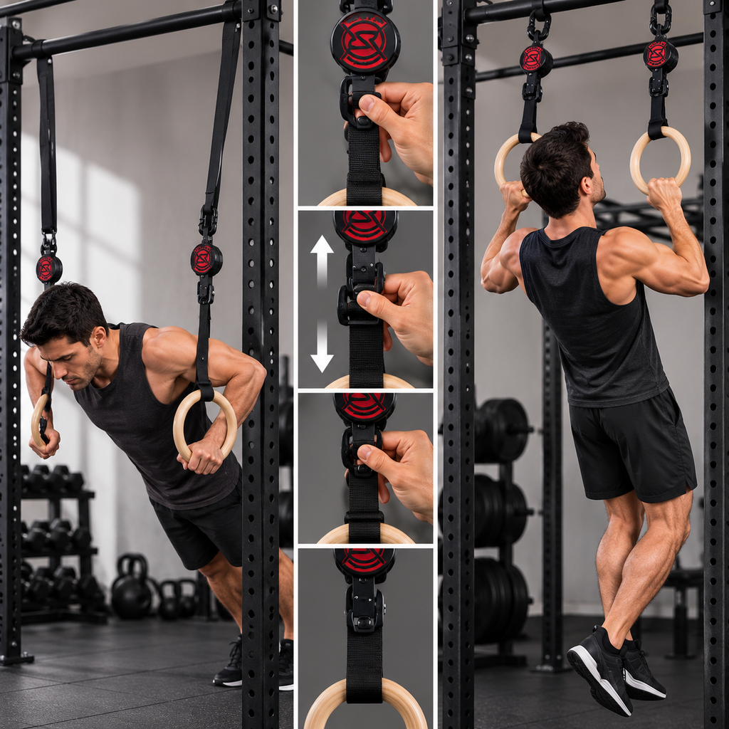 Adjustable Wooden Gymnastics Rings – Birch Wood Fitness Rings with Heavy-Duty Straps for Pull-Ups, Calisthenics, CrossFit and Home Gym Training