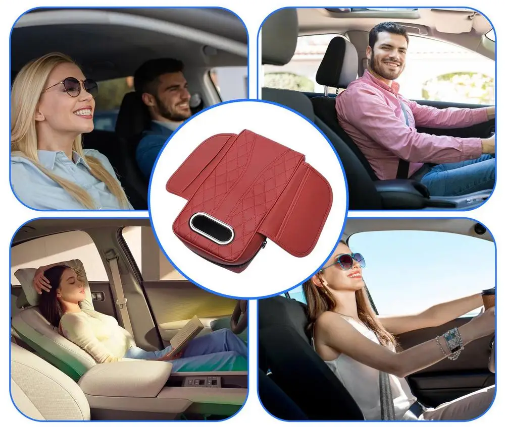 Car Armrest Cushion with Tissue Box – Memory Foam Support with Tissue Box & Storage Pockets