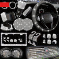 Bling Interior Set for Women with Rhinestone - 27pcs. Luxury Car Accessories for Steering Cover, Crystal Push Start Ring and Gear Trim
