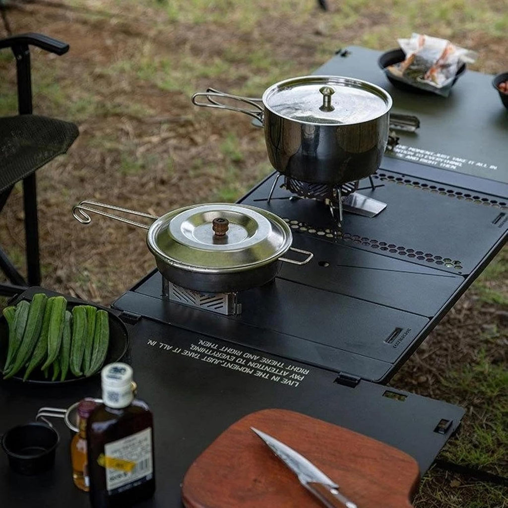 Portable Black Camping Kitchen Set – Foldable Table with Stove Rack and Accessories for Outdoor Cooking, BBQ, and Travel Setup
