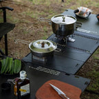 Portable Black Camping Kitchen Set – Foldable Table with Stove Rack and Accessories for Outdoor Cooking, BBQ, and Travel Setup