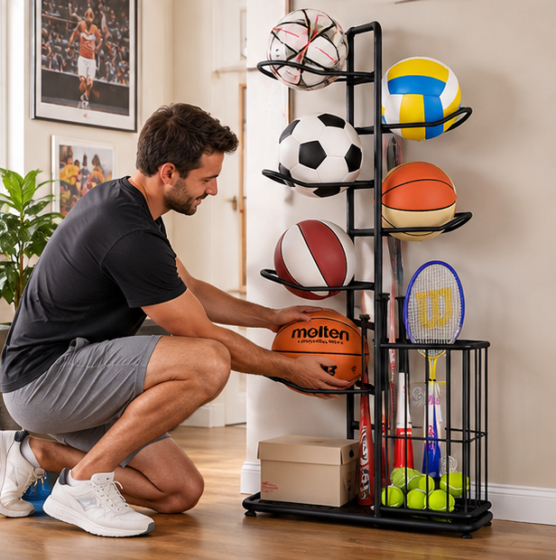 Kids Ball Storage Rack – Indoor Basketball, Football and Volleyball Organizer Stand for Playrooms, Kindergartens and Home Storage