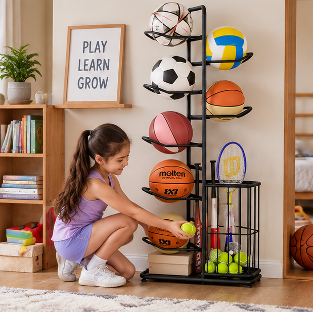Kids Ball Storage Rack – Indoor Basketball, Football and Volleyball Organizer Stand for Playrooms, Kindergartens and Home Storage