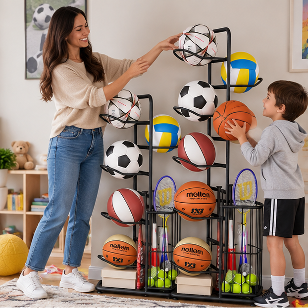 Kids Ball Storage Rack – Indoor Basketball, Football and Volleyball Organizer Stand for Playrooms, Kindergartens and Home Storage