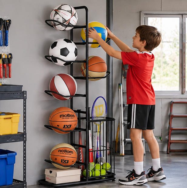 Kids Ball Storage Rack – Indoor Basketball, Football and Volleyball Organizer Stand for Playrooms, Kindergartens and Home Storage