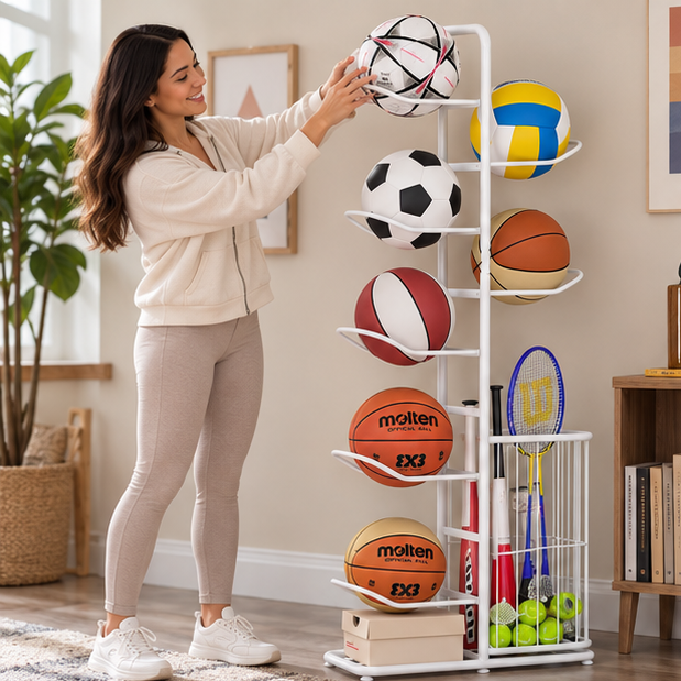 Kids Ball Storage Rack – Indoor Basketball, Football and Volleyball Organizer Stand for Playrooms, Kindergartens and Home Storage